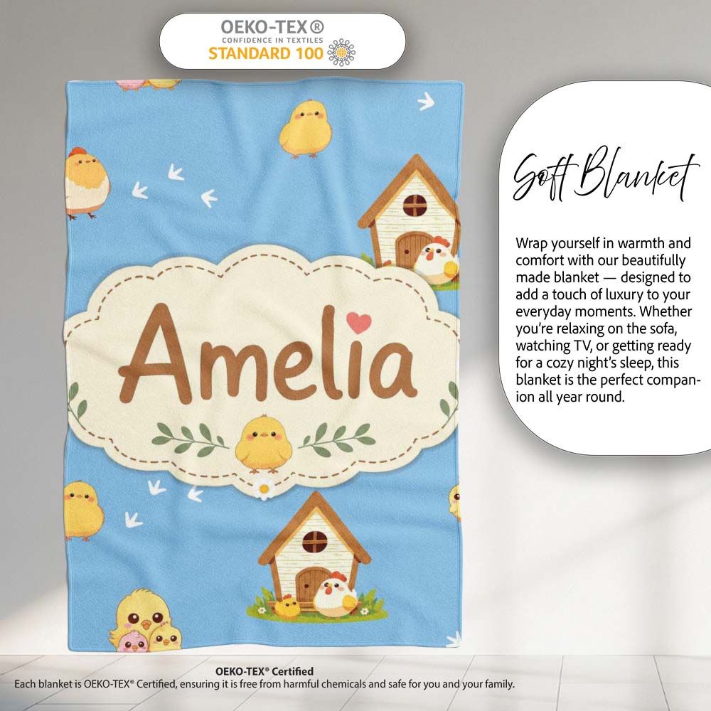 Cute Baby Chickens Blue Background Seamless Pattern Name Unique Gift  Personalised Custom Name Super Soft Fleece Blanket Bed Sofa Throw