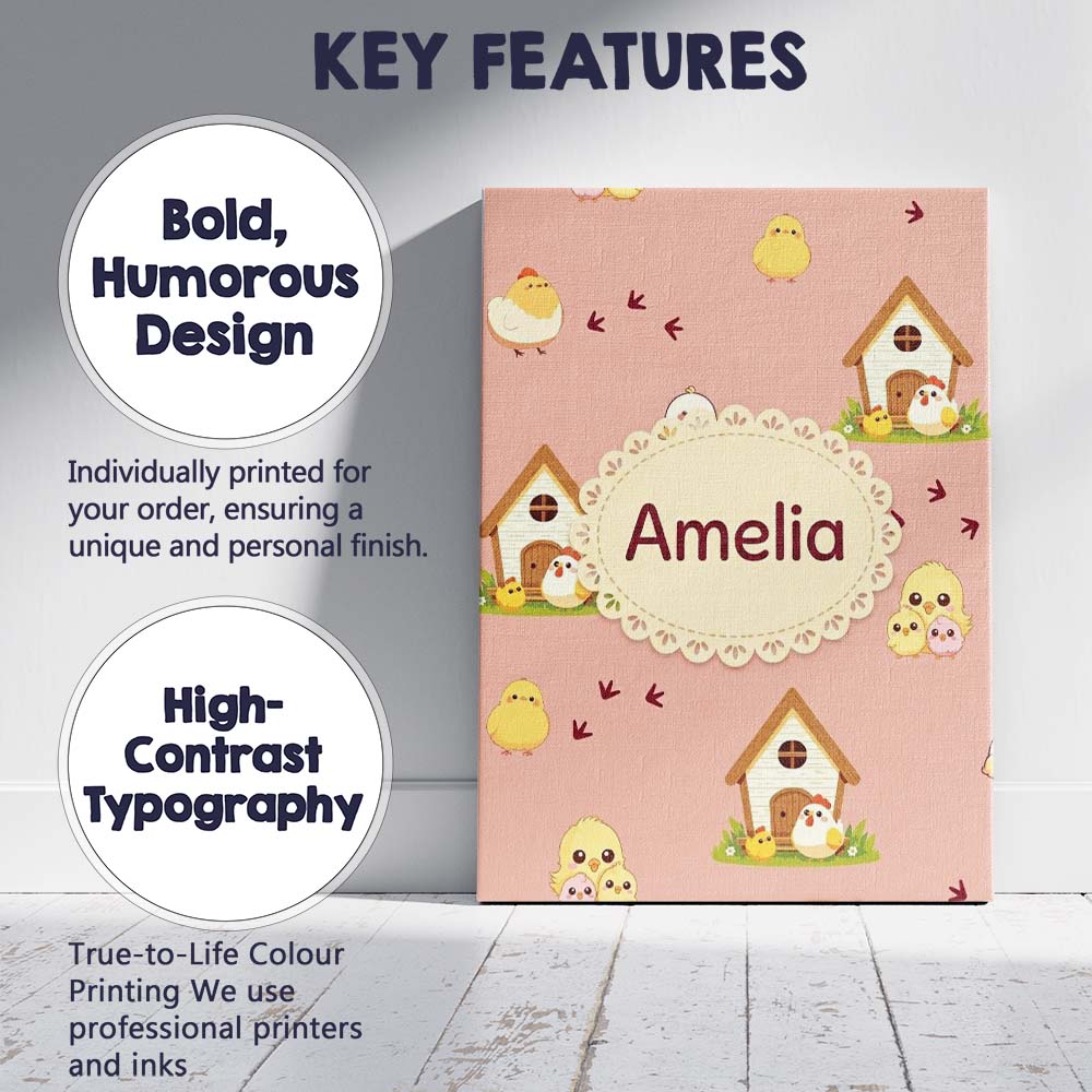 Personalised Name Cute Cartoon Chickens Custom  Modern Room Accent Elegant Feature Canvas Wall Art Print Decor Picture Ready to Hang