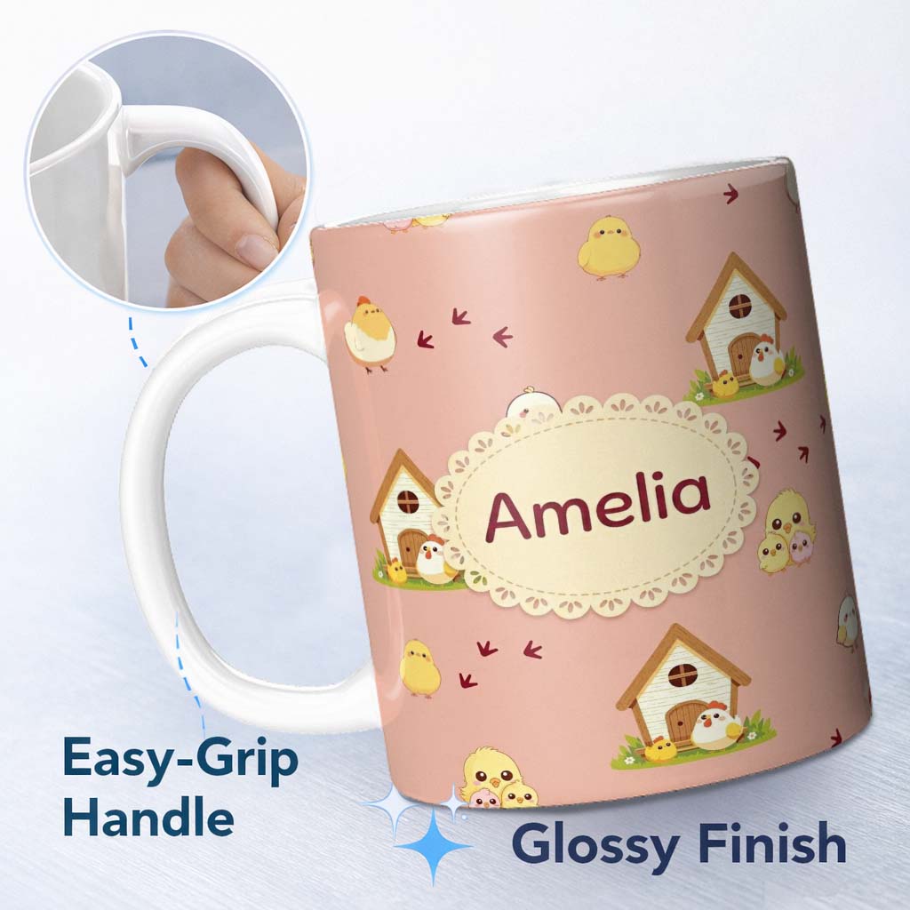 Personalized Custom Name Cute Cartoon Chickens Farmhouse Pattern Soft Beige Background 11oz Ceramic Coffee Tea Mug White Large Handle