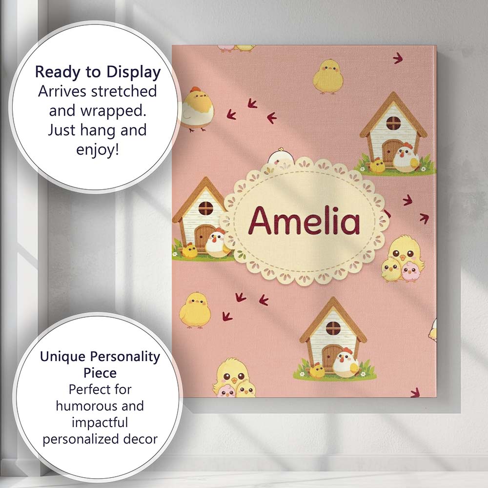Personalised Name Cute Cartoon Chickens Custom  Modern Room Accent Elegant Feature Canvas Wall Art Print Decor Picture Ready to Hang