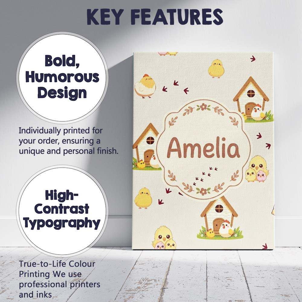 Personalised Name Cute Cartoon Chickens Custom  Modern Room Accent Elegant Feature Canvas Wall Art Print Decor Picture Ready to Hang