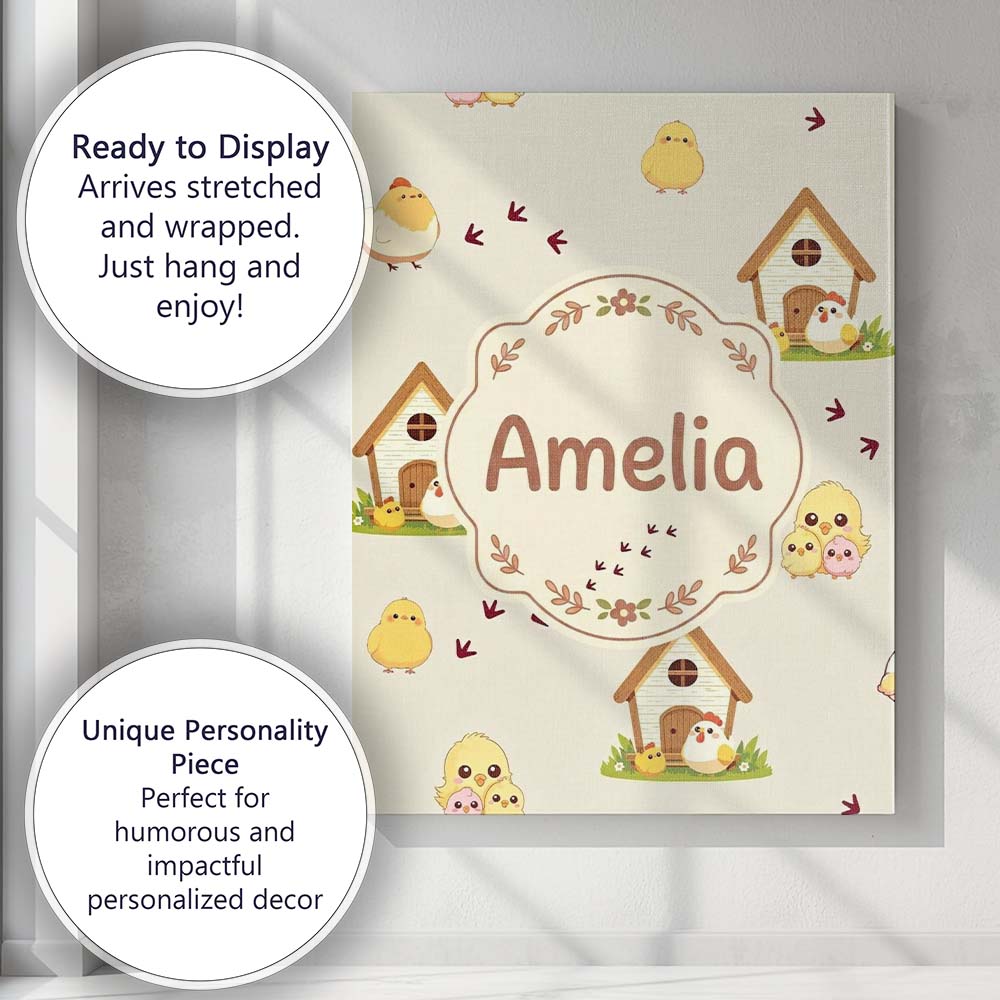 Personalised Name Cute Cartoon Chickens Custom  Modern Room Accent Elegant Feature Canvas Wall Art Print Decor Picture Ready to Hang