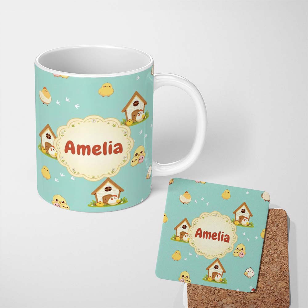 Personalized Custom Name Cute Cartoon Chickens Farmhouse Pattern Soft Mint Background 11oz Ceramic Coffee Tea Mug White Large Handle