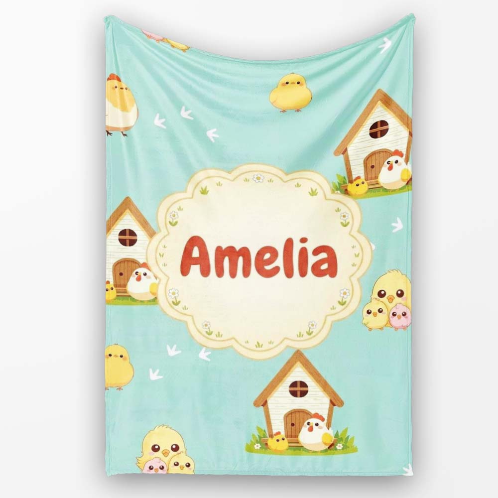 Cute Cartoon Chickens Farmhouse Pattern Soft Mint Background  Personalised Custom Name Super Soft Fleece Blanket Bed Sofa Throw