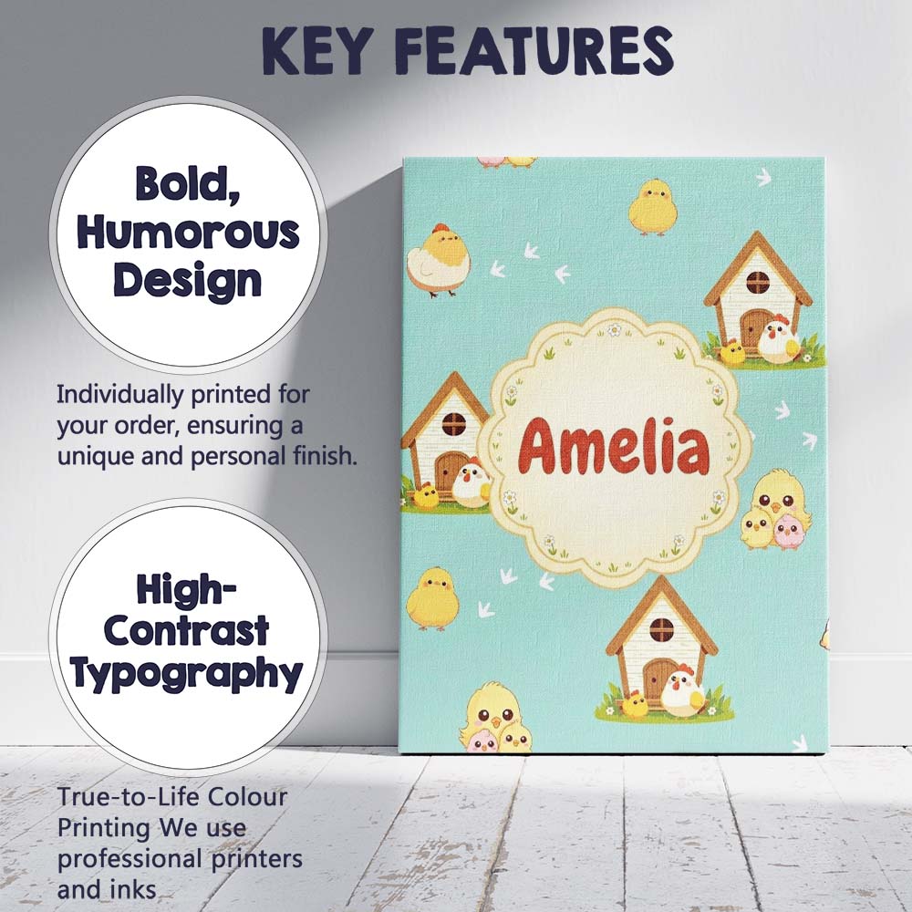 Personalised Name Cute Cartoon Chickens Custom  Modern Room Accent Elegant Feature Canvas Wall Art Print Decor Picture Ready to Hang