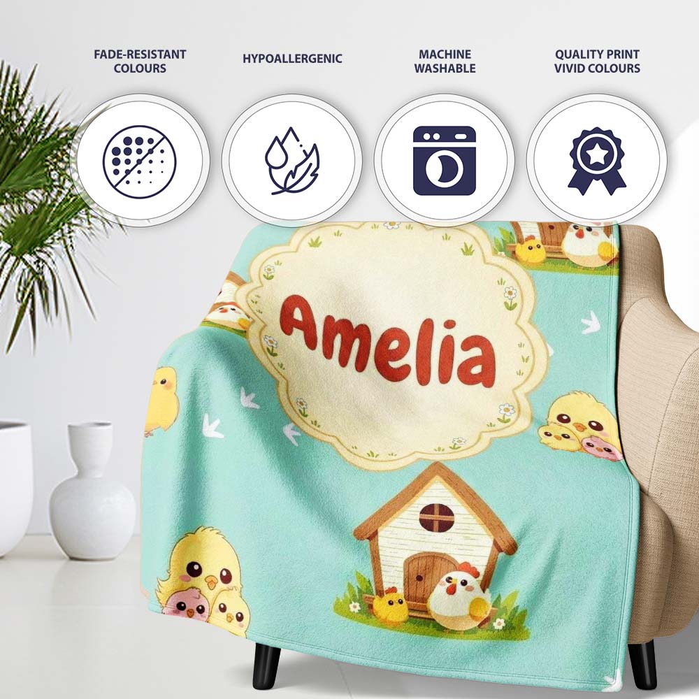 Cute Cartoon Chickens Farmhouse Pattern Soft Mint Background  Personalised Custom Name Super Soft Fleece Blanket Bed Sofa Throw