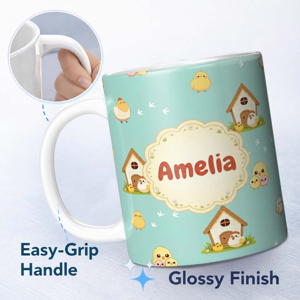 Personalized Custom Name Cute Cartoon Chickens Farmhouse Pattern Soft Mint Background 11oz Ceramic Coffee Tea Mug White Large Handle