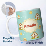 Personalized Custom Name Cute Cartoon Chickens Farmhouse Pattern Soft Mint Background 11oz Ceramic Coffee Tea Mug White Large Handle