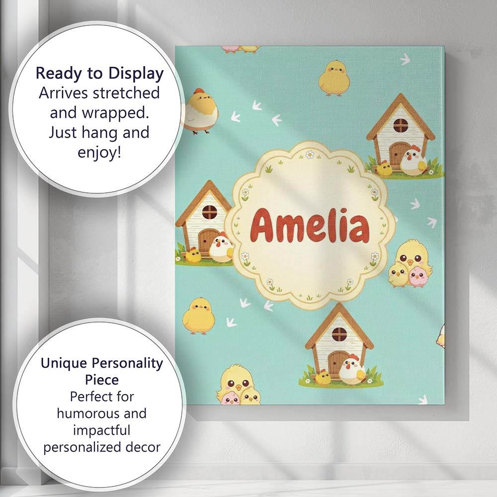 Personalised Name Cute Cartoon Chickens Custom  Modern Room Accent Elegant Feature Canvas Wall Art Print Decor Picture Ready to Hang