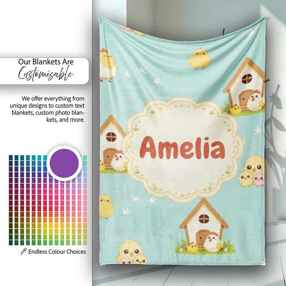 Cute Cartoon Chickens Farmhouse Pattern Soft Mint Background  Personalised Custom Name Super Soft Fleece Blanket Bed Sofa Throw