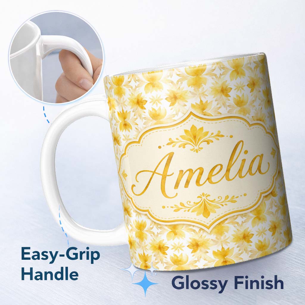 Personalized Custom Name Soft Watercolour Yellow Floral Repeat Pattern on Light Cream Lovely 11oz Ceramic Coffee Tea Mug White Large Handle