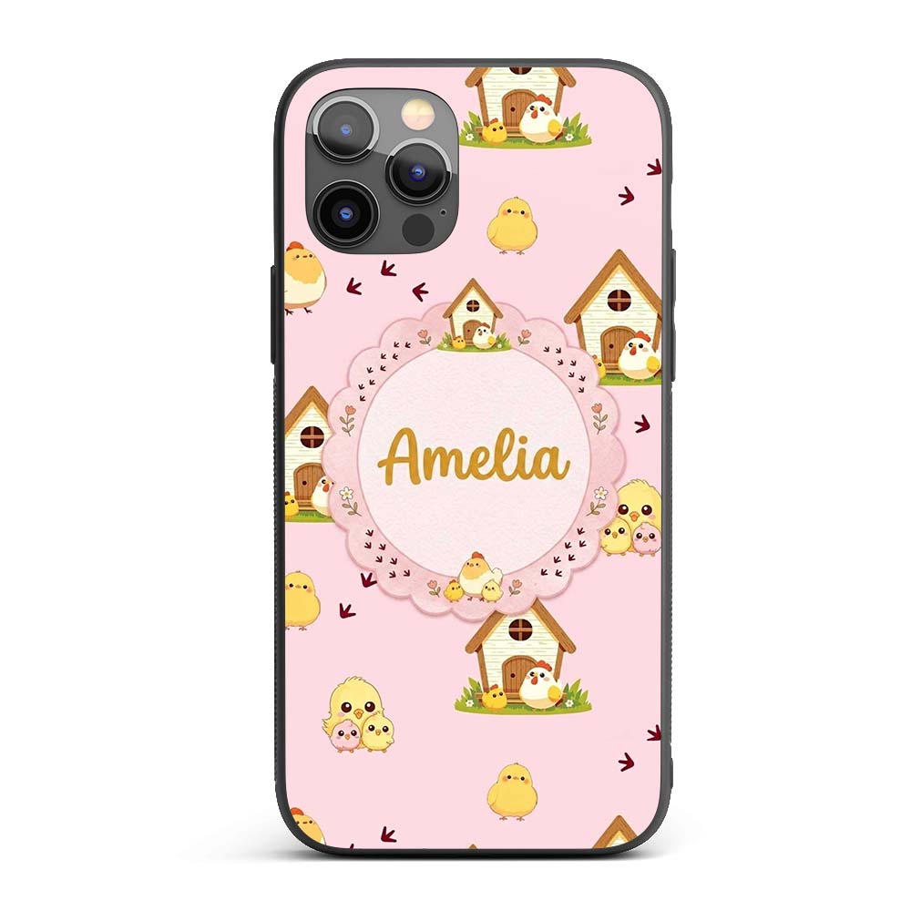 Cute Cartoon Chickens Farmhouse Pattern Blush Custom Name Protective Phone Case Mobile Cover Durable Everyday Smartphone Shock Resistant
