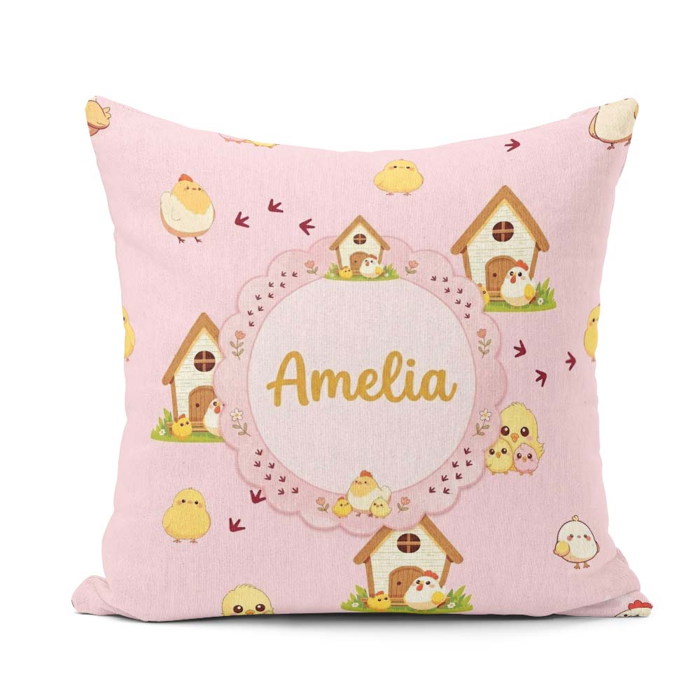 Custom Name Cute Cartoon Farmhouse Pattern Blush Pink Background Square Filled Cushion Throw Pillow Sofa Bed Home Decor Zip Washable UK Made