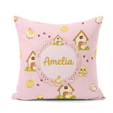 Custom Name Cute Cartoon Farmhouse Pattern Blush Pink Background Square Filled Cushion Throw Pillow Sofa Bed Home Decor Zip Washable UK Made
