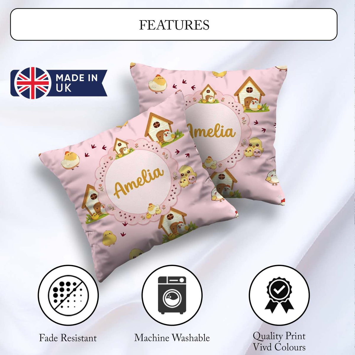 Custom Name Cute Cartoon Farmhouse Pattern Blush Pink Background Square Filled Cushion Throw Pillow Sofa Bed Home Decor Zip Washable UK Made