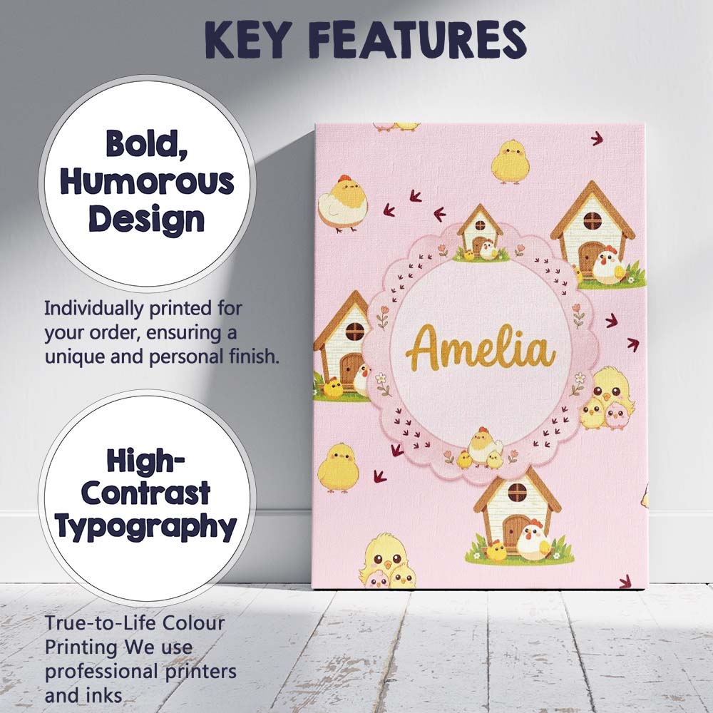 Personalised Name Cute Cartoon Chickens Custom  Modern Room Accent Elegant Feature Canvas Wall Art Print Decor Picture Ready to Hang