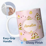 Personalized Custom Name Cute Cartoon Chickens Farmhouse Pattern Blush Pink Background 11oz Ceramic Coffee Tea Mug White Large Handle