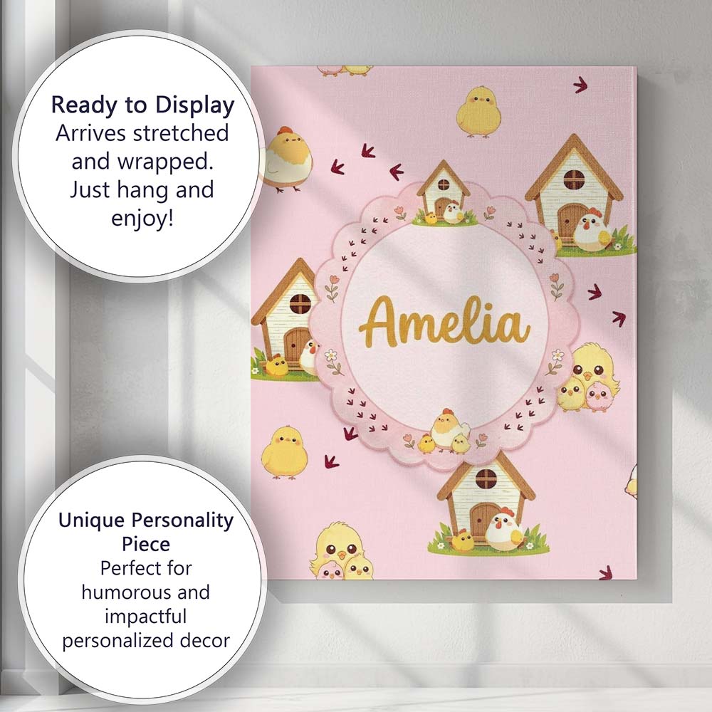 Personalised Name Cute Cartoon Chickens Custom  Modern Room Accent Elegant Feature Canvas Wall Art Print Decor Picture Ready to Hang