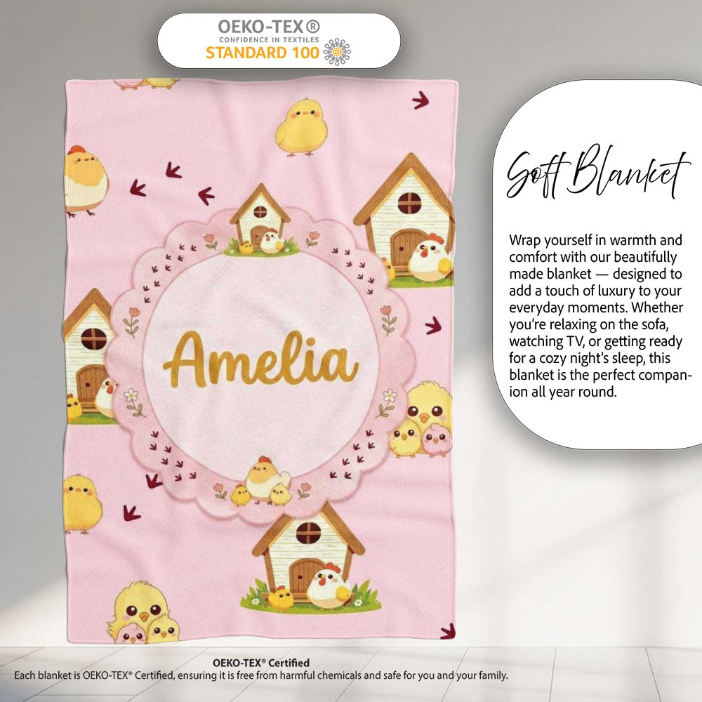Cute Cartoon Chickens Farmhouse Pattern Blush Pink Background  Personalised Custom Name Super Soft Fleece Blanket Bed Sofa Throw