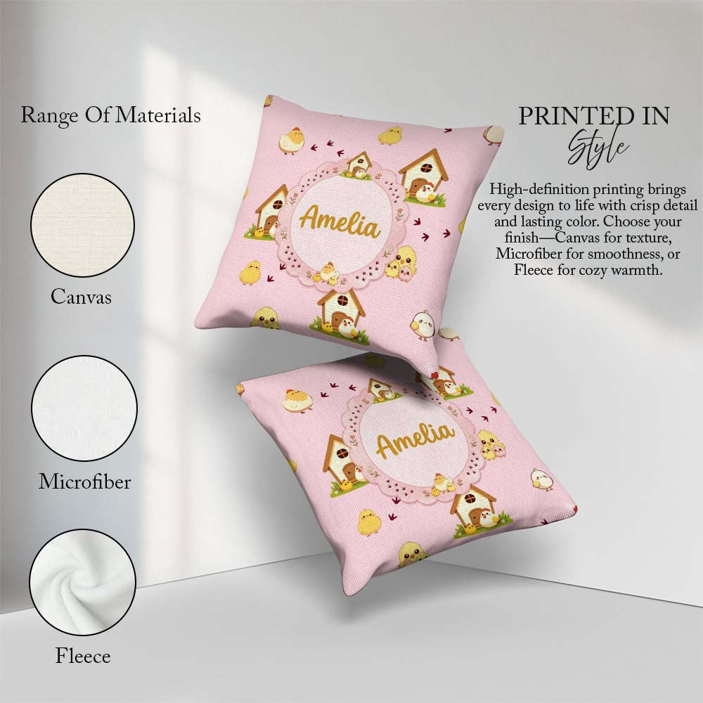 Custom Name Cute Cartoon Farmhouse Pattern Blush Pink Background Square Filled Cushion Throw Pillow Sofa Bed Home Decor Zip Washable UK Made