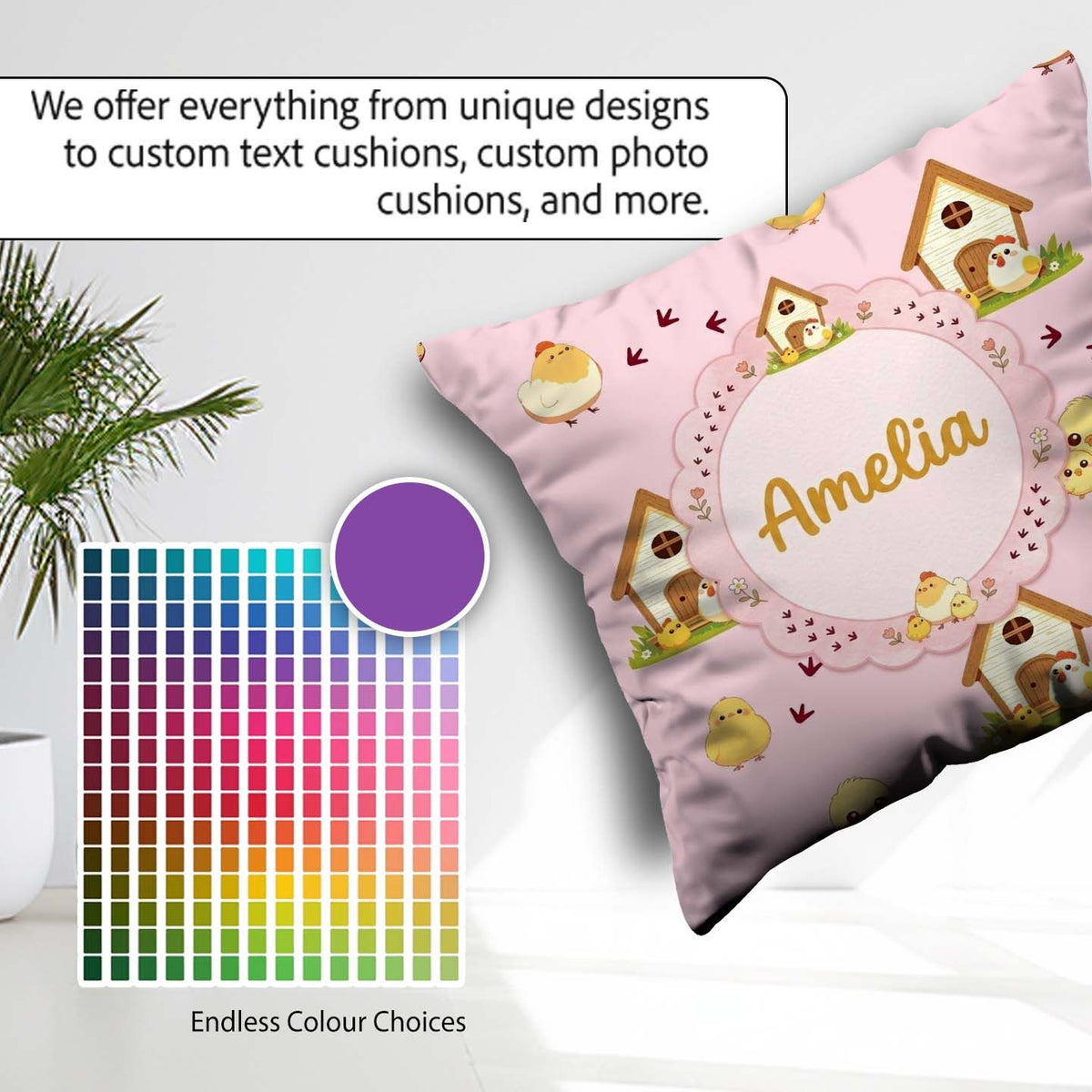 Custom Name Cute Cartoon Farmhouse Pattern Blush Pink Background Square Filled Cushion Throw Pillow Sofa Bed Home Decor Zip Washable UK Made