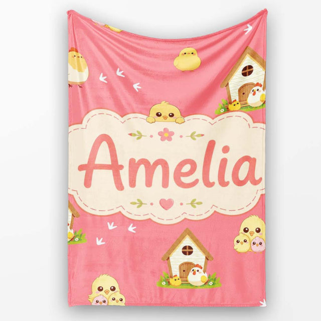 Cute Cartoon Chickens Farmhouse Pattern Coral Pink Background  Personalised Custom Name Super Soft Fleece Blanket Bed Sofa Throw