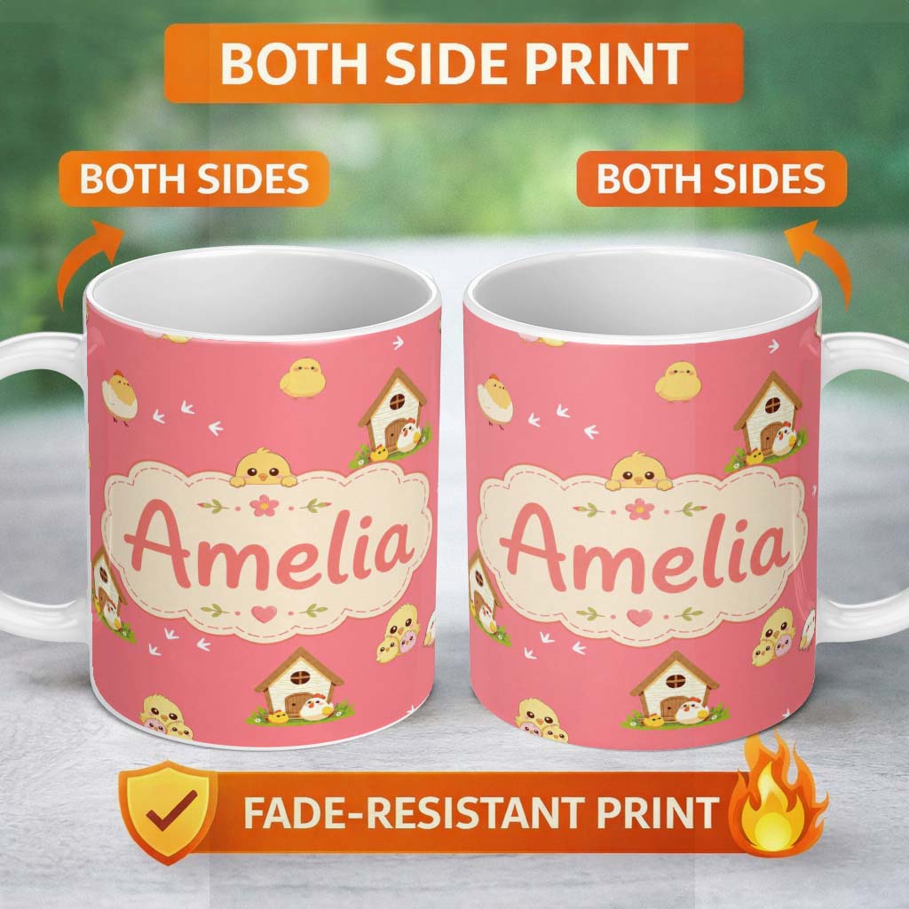 Personalized Custom Name Cute Cartoon Chickens Farmhouse Pattern Coral Pink Background 11oz Ceramic Coffee Tea Mug White Large Handle