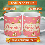 Personalized Custom Name Cute Cartoon Chickens Farmhouse Pattern Coral Pink Background 11oz Ceramic Coffee Tea Mug White Large Handle