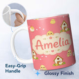 Personalized Custom Name Cute Cartoon Chickens Farmhouse Pattern Coral Pink Background 11oz Ceramic Coffee Tea Mug White Large Handle