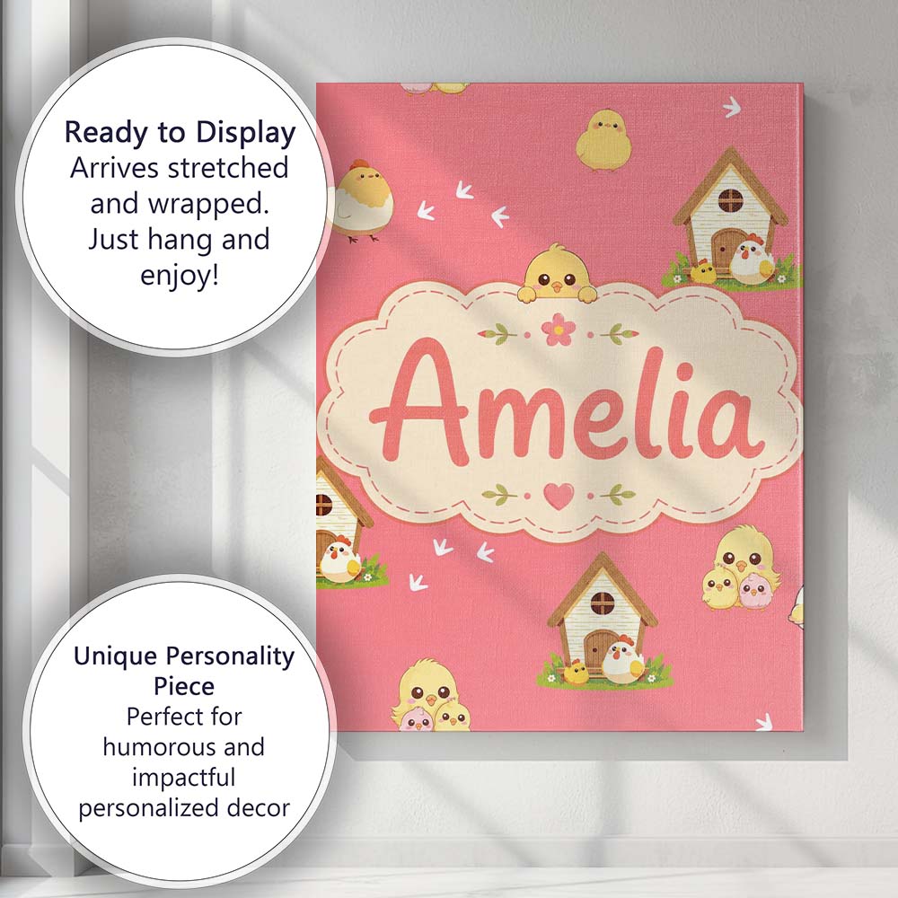 Personalised Name Cute Cartoon Chickens Custom  Modern Room Accent Elegant Feature Canvas Wall Art Print Decor Picture Ready to Hang