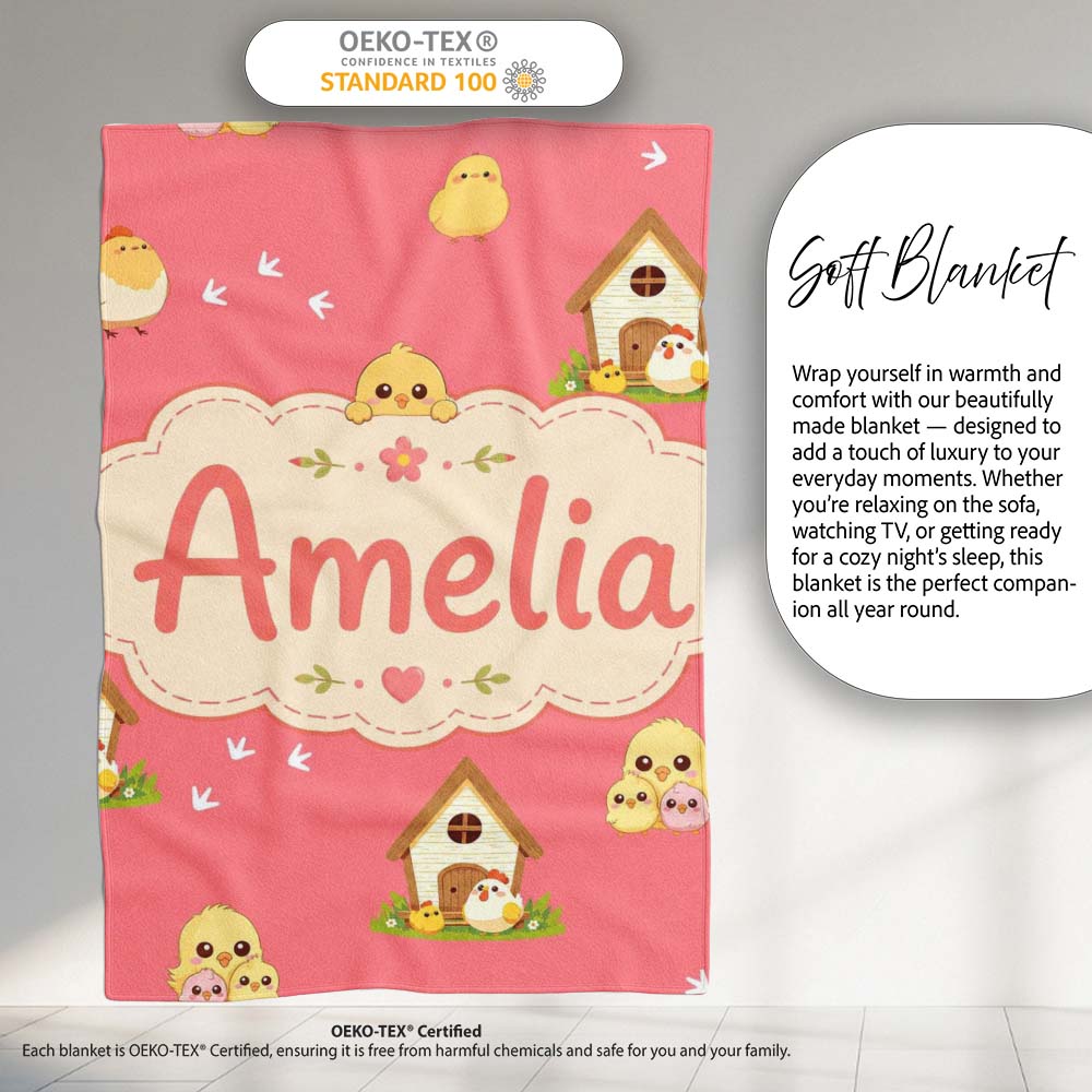 Cute Cartoon Chickens Farmhouse Pattern Coral Pink Background  Personalised Custom Name Super Soft Fleece Blanket Bed Sofa Throw