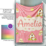 Cute Cartoon Chickens Farmhouse Pattern Coral Pink Background  Personalised Custom Name Super Soft Fleece Blanket Bed Sofa Throw