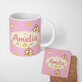 Personalized Custom Name Cute Cartoon Chickens Farmhouse Pattern Rose Pink Background 11oz Ceramic Coffee Tea Mug White Large Handle
