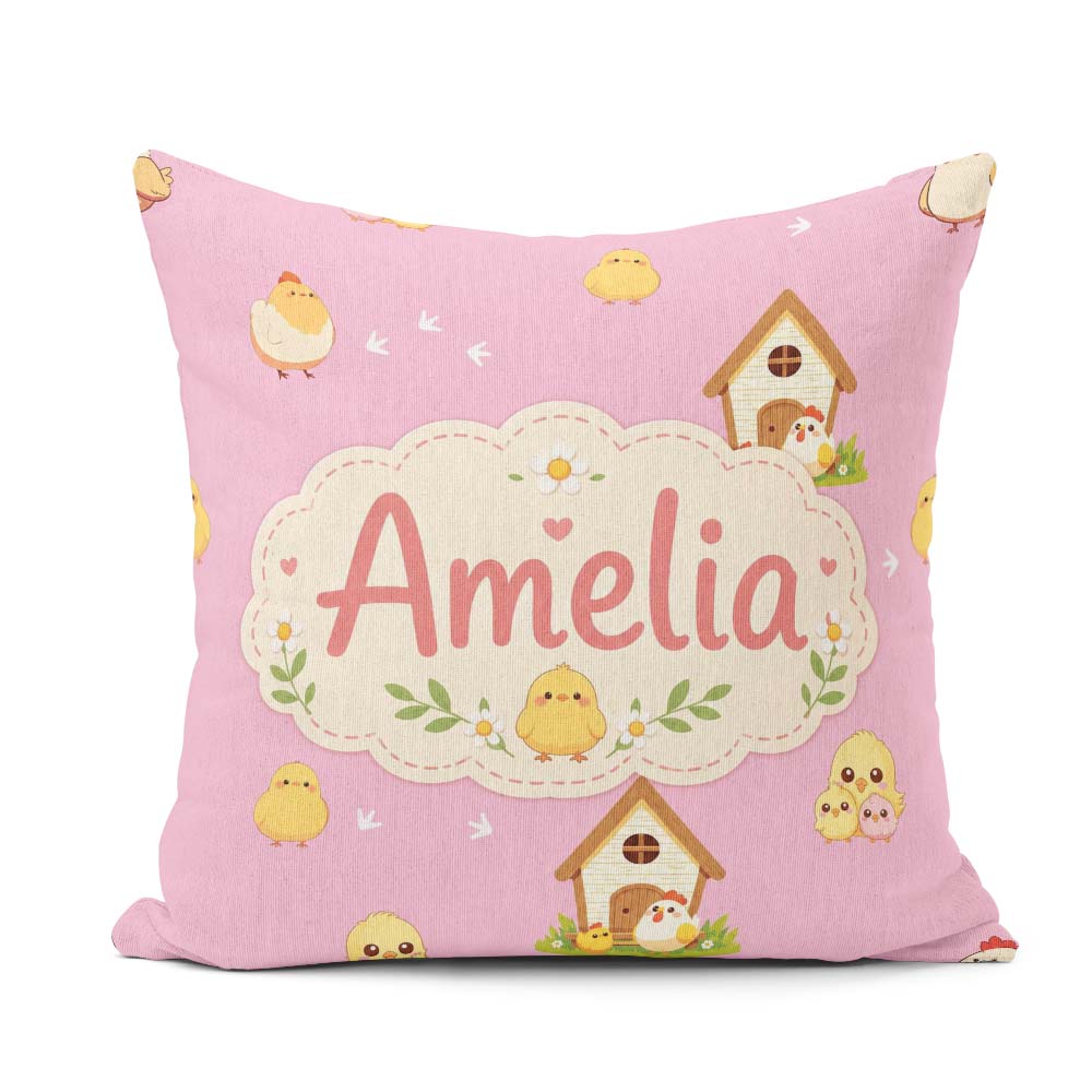 Custom Name Cute Cartoon Chickens Farmhouse Rose Pink Background Square Filled Cushion Throw Pillow Sofa Bed Home Decor Zip Washable UK Made