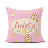 Custom Name Cute Cartoon Chickens Farmhouse Rose Pink Background Square Filled Cushion Throw Pillow Sofa Bed Home Decor Zip Washable UK Made