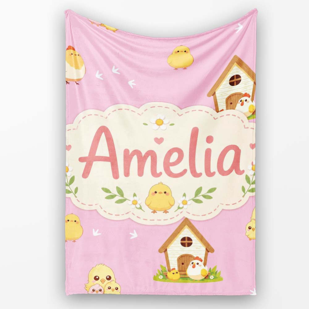 Cute Cartoon Chickens Farmhouse Pattern Rose Pink Background  Personalised Custom Name Super Soft Fleece Blanket Bed Sofa Throw