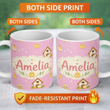 Personalized Custom Name Cute Cartoon Chickens Farmhouse Pattern Rose Pink Background 11oz Ceramic Coffee Tea Mug White Large Handle