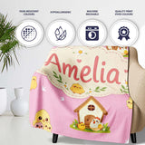 Cute Cartoon Chickens Farmhouse Pattern Rose Pink Background  Personalised Custom Name Super Soft Fleece Blanket Bed Sofa Throw