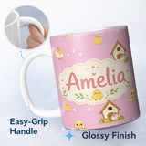 Personalized Custom Name Cute Cartoon Chickens Farmhouse Pattern Rose Pink Background 11oz Ceramic Coffee Tea Mug White Large Handle