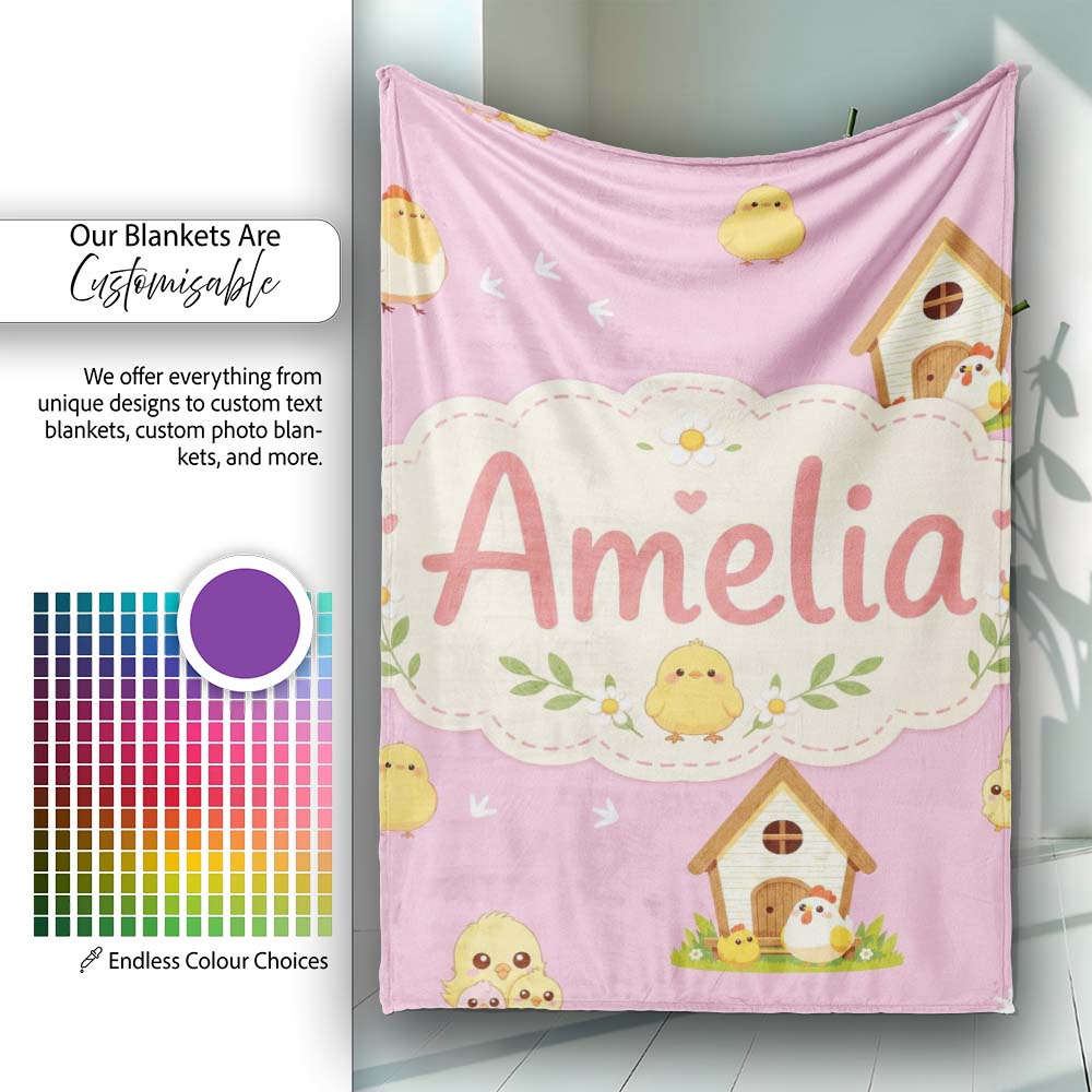 Cute Cartoon Chickens Farmhouse Pattern Rose Pink Background  Personalised Custom Name Super Soft Fleece Blanket Bed Sofa Throw