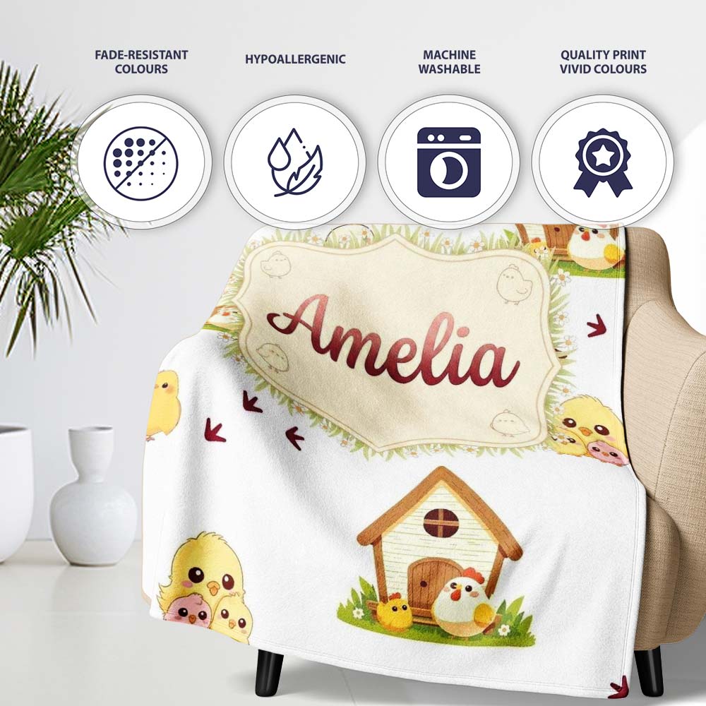 Cute Cartoon Chickens Farmhouse Pattern Light Grey Background  Personalised Custom Name Super Soft Fleece Blanket Bed Sofa Throw