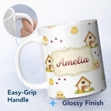 Personalized Custom Name Cute Cartoon Chickens Farmhouse Pattern Light Grey Background 11oz Ceramic Coffee Tea Mug White Large Handle