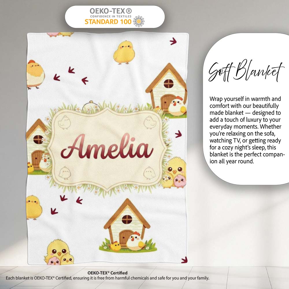 Cute Cartoon Chickens Farmhouse Pattern Light Grey Background  Personalised Custom Name Super Soft Fleece Blanket Bed Sofa Throw