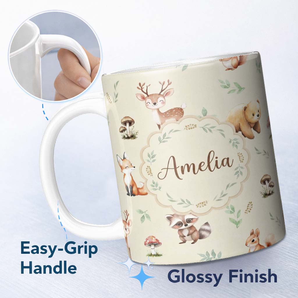 Personalized Custom Name Forest Animals Bear Deer Fox Owl Raccoon on Warm Beige Seamless 11oz Ceramic Coffee Tea Mug White Large Handle