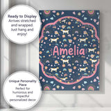 Personalised Name Boho Dog Floral Rainbow Navy Background Seamless Custom  Unique Canvas Wall Art Print Decor Picture Ready to Hang
