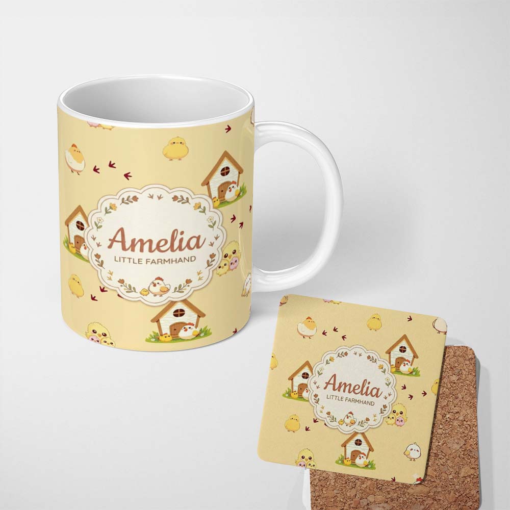 Personalized Custom Name Cute Cartoon Chickens Farmhouse Pattern Soft Yellow Background 11oz Ceramic Coffee Tea Mug White Large Handle