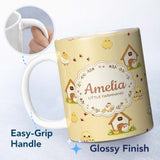 Personalized Custom Name Cute Cartoon Chickens Farmhouse Pattern Soft Yellow Background 11oz Ceramic Coffee Tea Mug White Large Handle