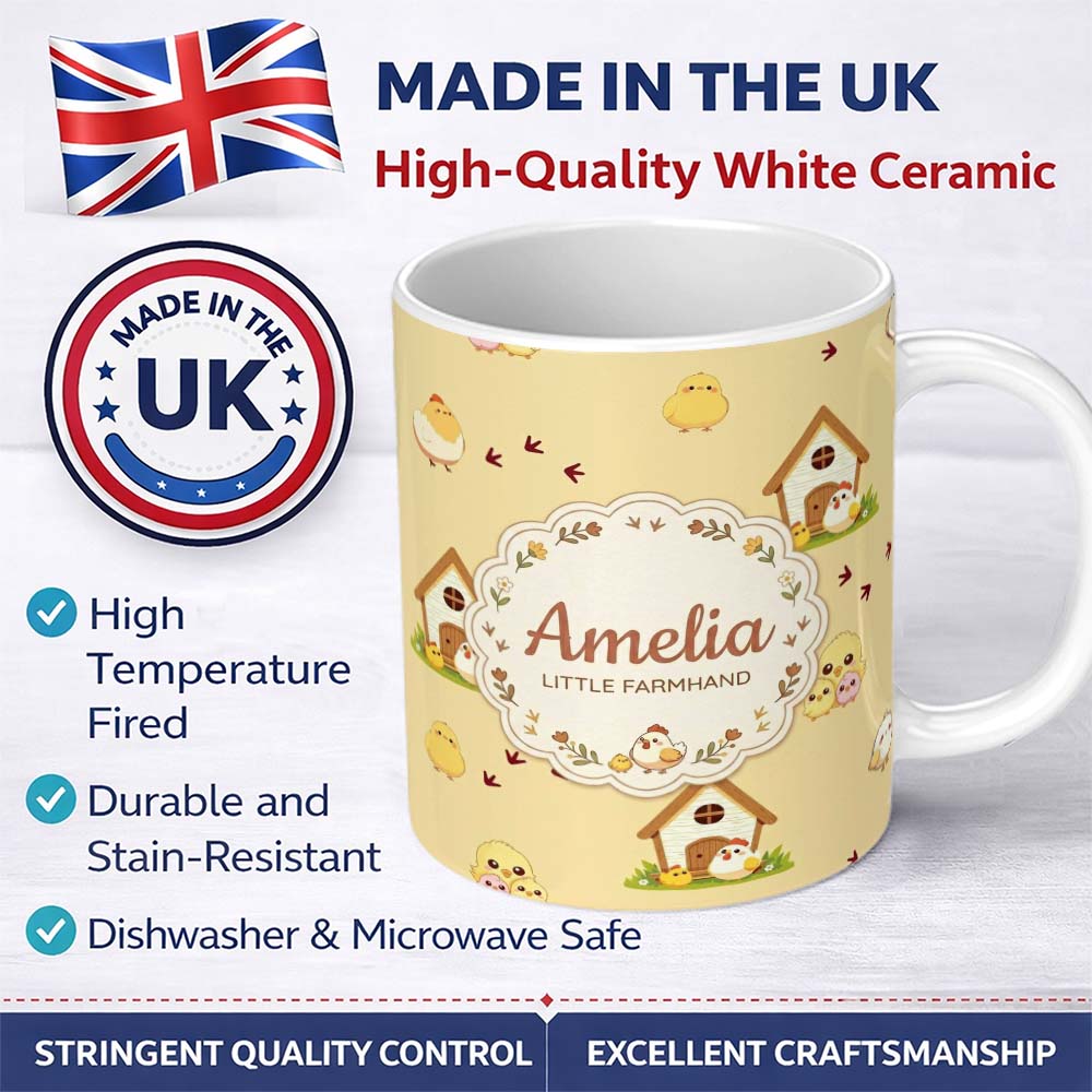 Personalized Custom Name Cute Cartoon Chickens Farmhouse Pattern Soft Yellow Background 11oz Ceramic Coffee Tea Mug White Large Handle