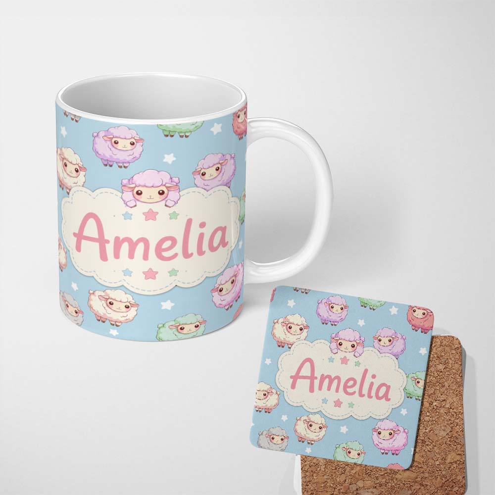 Personalized Custom Name Cute Kawaii Sheep with Starry Sky Background Seamless Pattern Name 11oz Ceramic Coffee Tea Mug White Large Handle