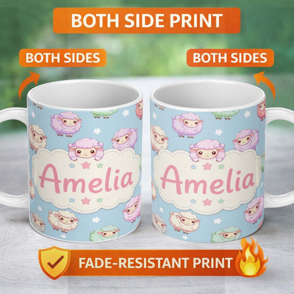 Personalized Custom Name Cute Kawaii Sheep with Starry Sky Background Seamless Pattern Name 11oz Ceramic Coffee Tea Mug White Large Handle